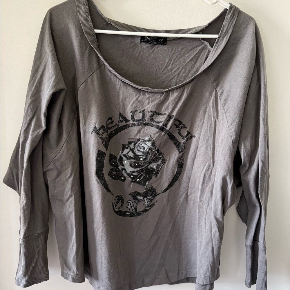 Woman’s Plus Gray 3/4 Sleeve Tee With Black Gray  Rose 2X 3X
